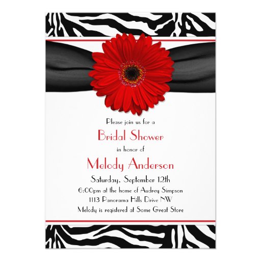 Chic Red Gerber Daisy Zebra Print Bridal Shower Custom Invite