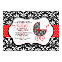 Chic Red Polka Dot Damask Baby Shower Invite