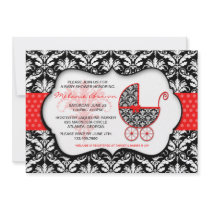 Chic Red Polka Dot Damask Baby Shower Invite