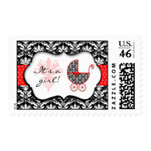 Chic Red Polka Dot Damask Baby Shower Stamps