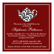 Chic Red & White w Damask Bridal Shower Tea Party Custom Announcements