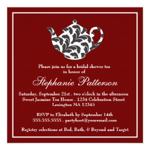 Chic Red & White w Damask Bridal Shower Tea Party Custom Announcements
