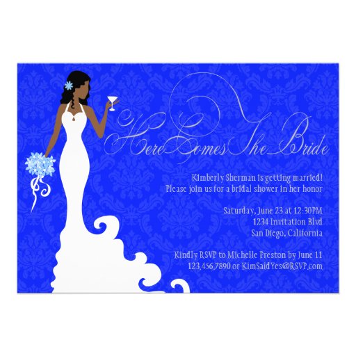 Chic Royal Blue Silver Damask Here Comes the Bride Personalized Invitation (front side)