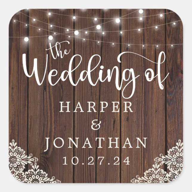 Chic Rustic Wood String Lights Lace Wedding Square Sticker Zazzle