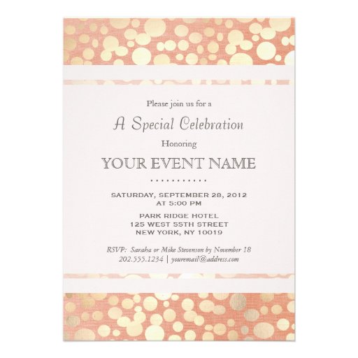 Chic Stylish Faux Gold Foil Circles & Peach Linen Personalized Invitations