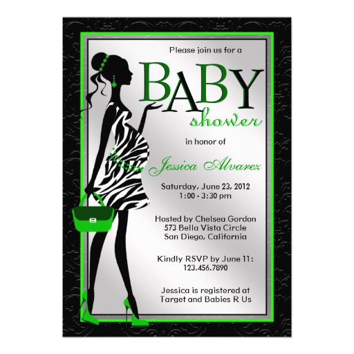 Chic Stylish Modern Mom Green Zebra Baby Shower Announcements