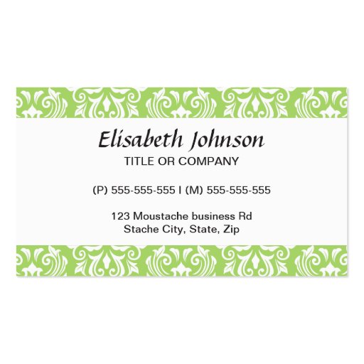 Chic stylish ornate lime green damask pattern business cards (front side)