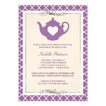 Chic Tan & Purple Teapot Bridal Shower Tea Party Custom Invites