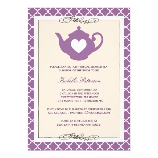 Chic Tan & Purple Teapot Bridal Shower Tea Party Custom Invites