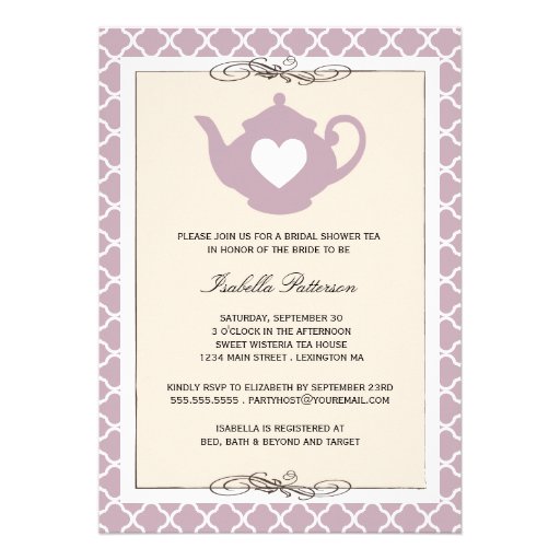 Chic Tan & Purple Teapot Bridal Shower Tea Party Personalized Announcement