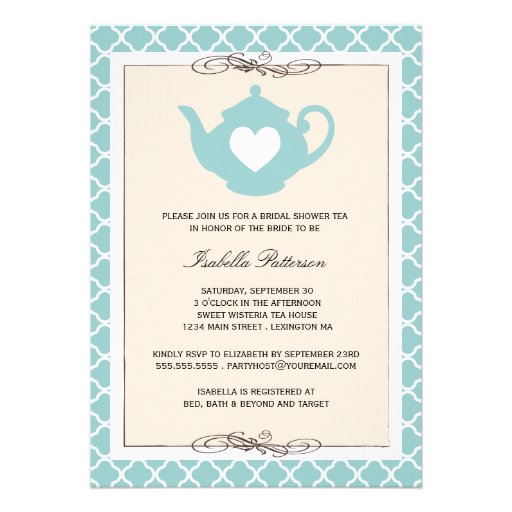 Chic Tan & Teal Teapot Bridal Shower Tea Party Personalized Announcements