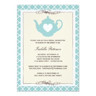 Chic Tan & Teal Teapot Bridal Shower Tea Party Personalized Announcements