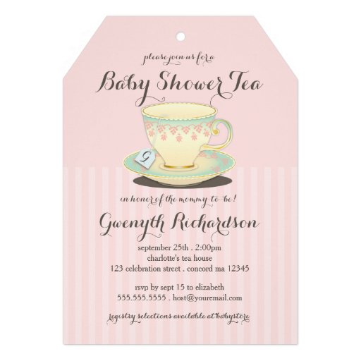 Chic Teacup on Pink Baby Shower Tea Party Announcements (front side)