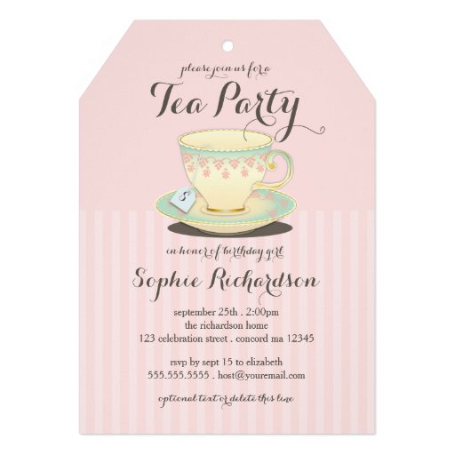 Chic Teacup on Pink Birthday Tea Party Personalized Invite (front side)