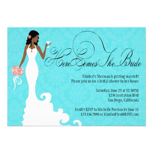 Chic Teal Black Coral Damask Here Comes the Bride Custom Invitations