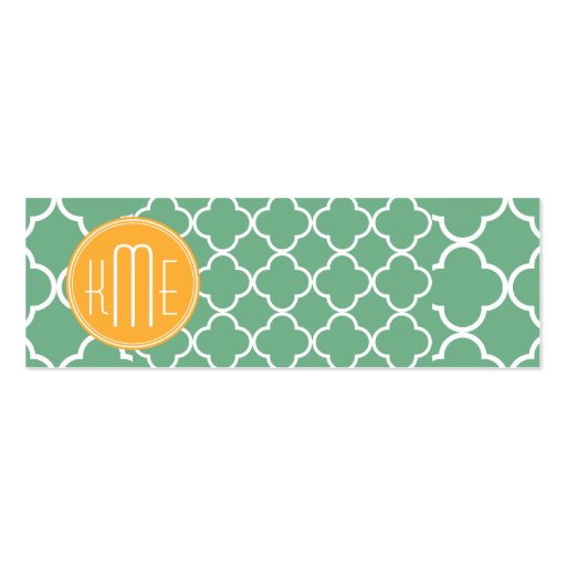 Chic Teal Green Quatrefoil with Yellow Monogram Business Card Templates (front side)