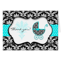 Chic Teal Polka Dot Damask Baby Shower Thank You Greeting Card