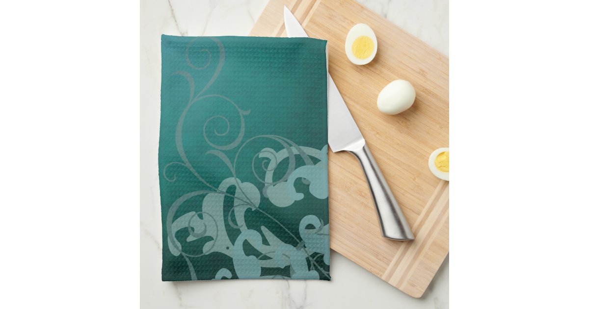 Chic Teal Scroll Teal Kitchen Towels Zazzle