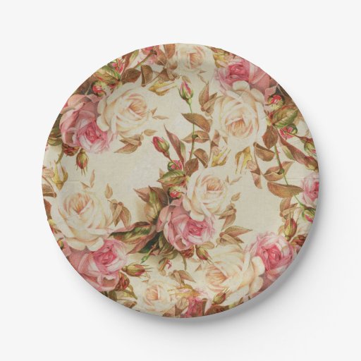 chic vintage pink white brown roses floral pattern paper pink flower paper plates