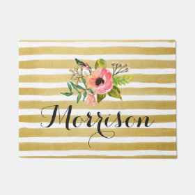 Chic Watercolor Flower with Gold White Stripes Doormat