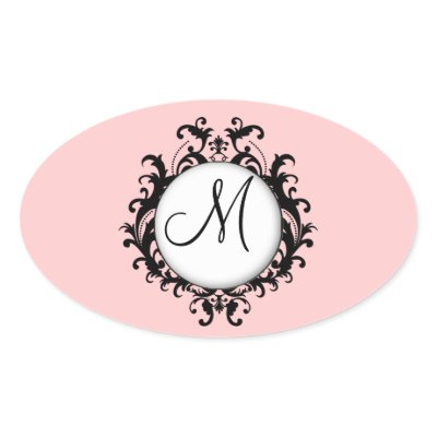 Chic Wedding Initial Damask Label Pink Oval Oval Stickers
