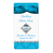 Chic White & Turquoise Damask Mini Wine Labels