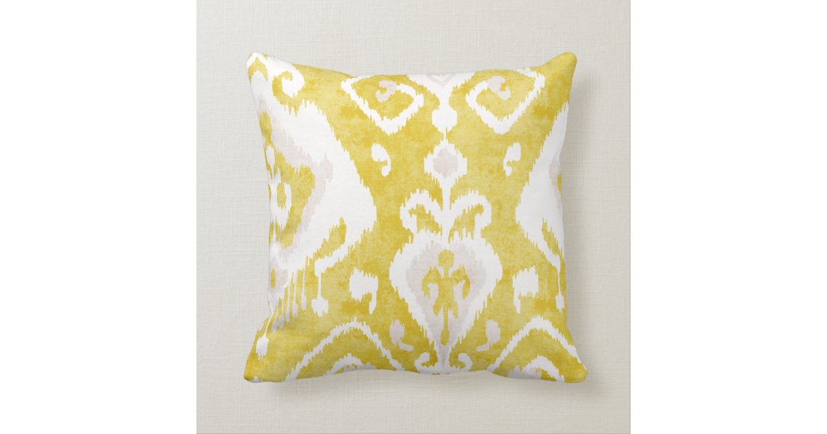 Chic yellow and grey damask ikat tribal pattern throw pillow Zazzle
