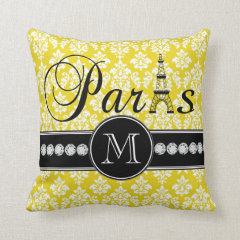 Chic Yellow Damask Paris Monogrammed Throw Pillows