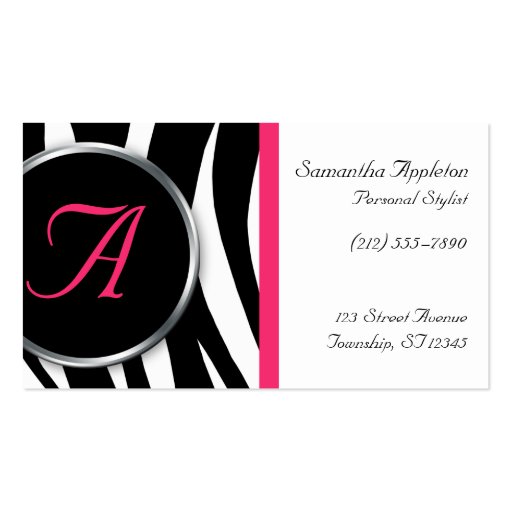 Chic Zebra Print Berry Monogram Business Cards (front side)