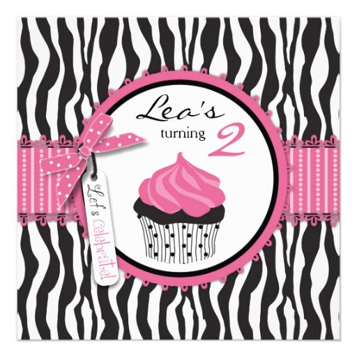 Chic Zebra Print & Cupcake Birthday Personalized Announcements