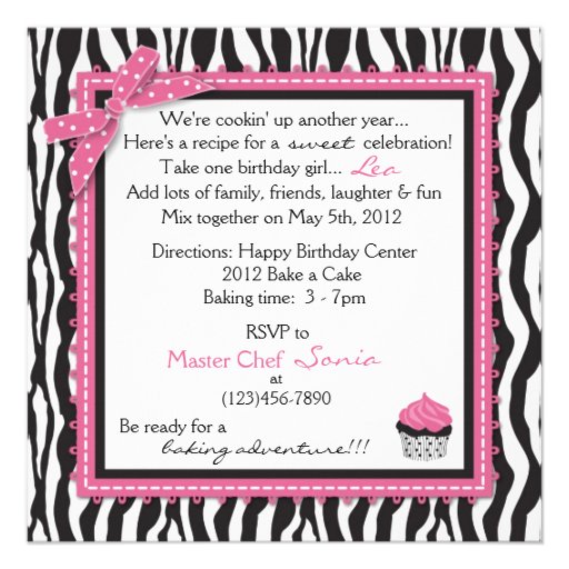 Chic Zebra Print & Cupcake Birthday Personalized Announcements
