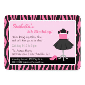 Chic Zebra Print Fashion Girls Birthday Party 4.5x6.25 Paper Invitation Card