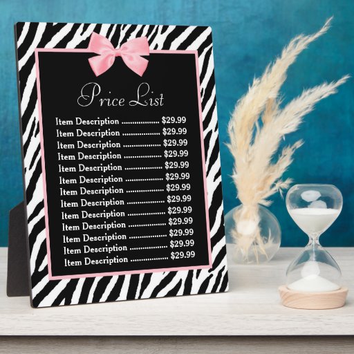Chic Zebra Print Light True Pink Ribbon Price List Plaque Zazzle