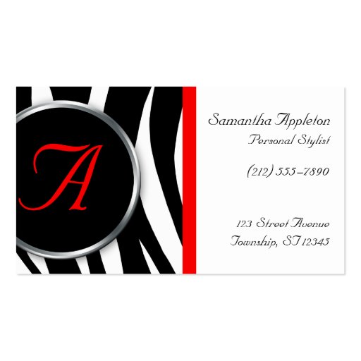 Chic Zebra Print Red Monogram Business Cards