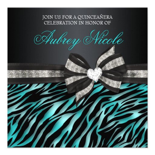 Chic Zebra Quinceañera Invite With Jeweled Bow (front side)