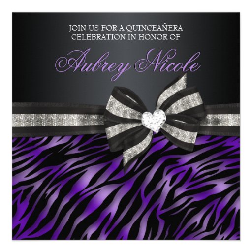 Chic Zebra Quinceañera Invite With Jeweled Bow (front side)