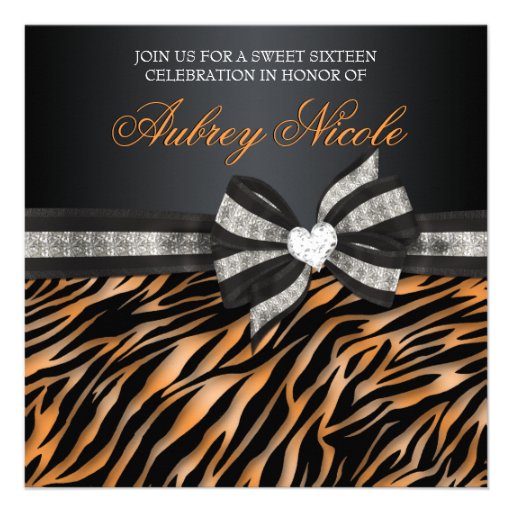 Chic Zebra Sweet Sixteen Invite With Jeweled Bow