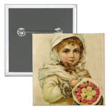 Chica del vintage con el botón de los rosas de inv pin