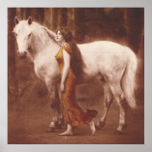 Chica romántico del Victorian con el caballo blanc Posters
