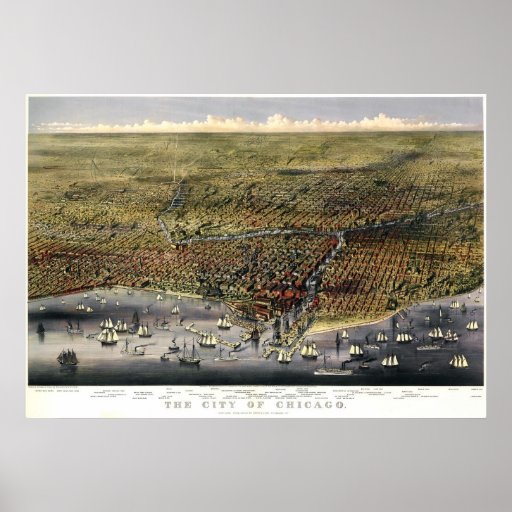Chicago birdseye map  - 1874 (Parsons & Atwater) B Print