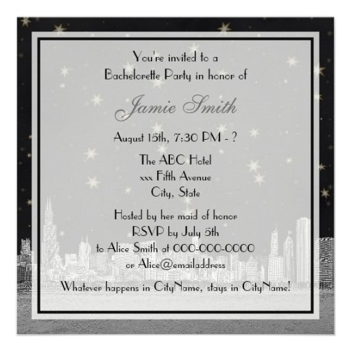 Chicago Skyline Black Gold Star Bachelorette Custom Invite