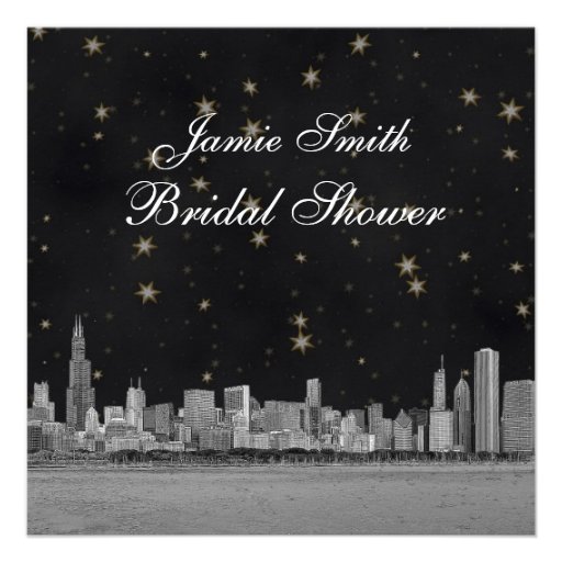 Chicago Skyline Black Gold Star Bridal Shower Invite