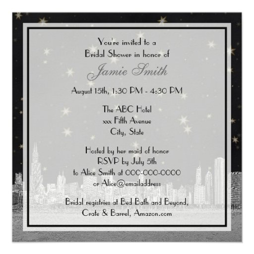 Chicago Skyline Black Gold Star Bridal Shower Invite