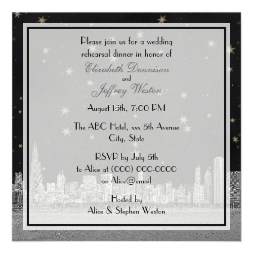 Chicago Skyline Black Gold Star S Rehearsal Invites