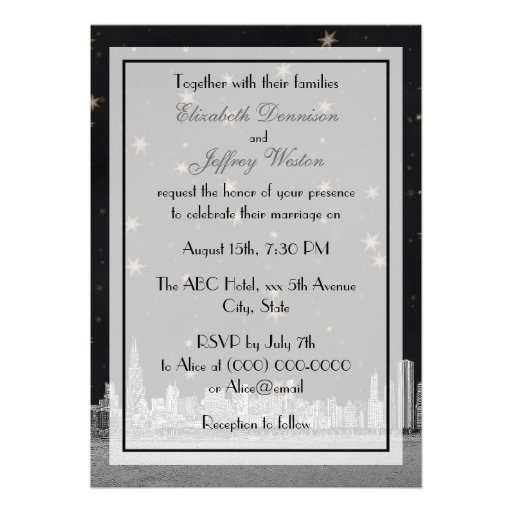 Chicago Skyline Black Gold Star V Wedding Invitation