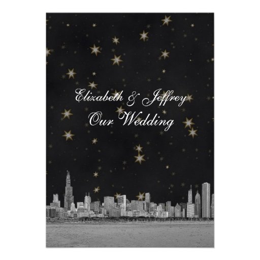 Chicago Skyline Black Gold Star V Wedding Invitation