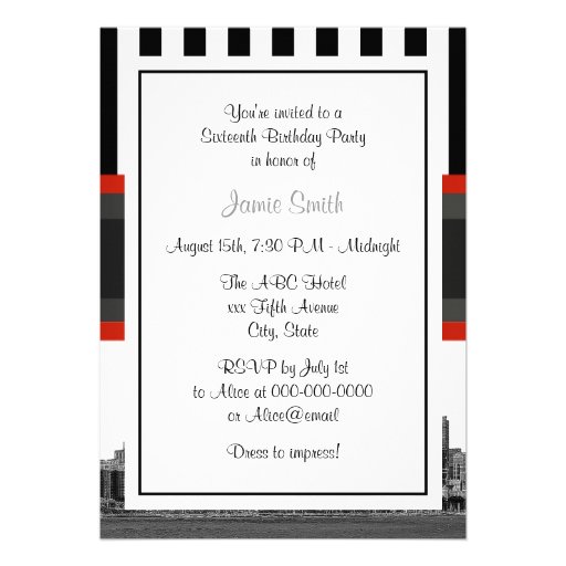 Chicago Skyline BW Blk Wht Strp Red Kiss Sweet 16 Personalized Invitation