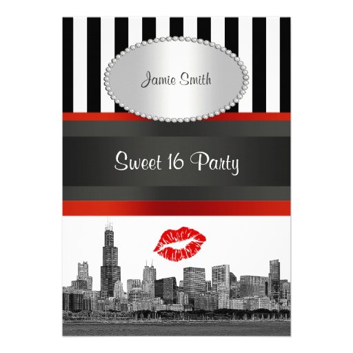 Chicago Skyline BW Blk Wht Strp Red Kiss Sweet 16 Personalized Invitation