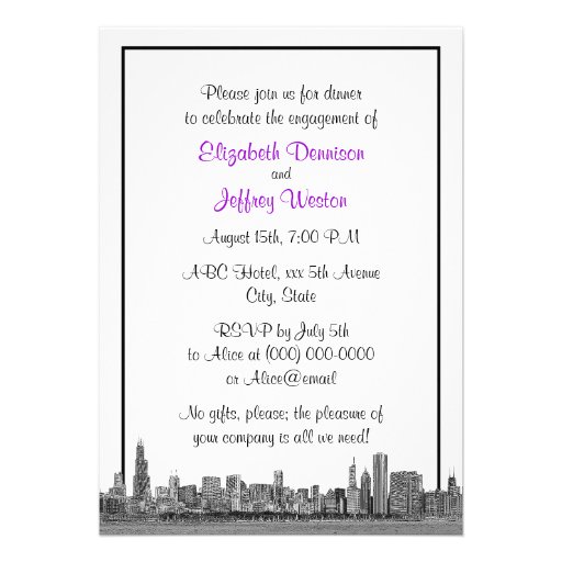 Chicago Skyline Etched BW Purple Engagement Party Card