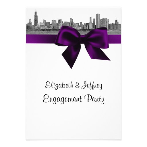 Chicago Skyline Etched BW Purple Engagement Party Card